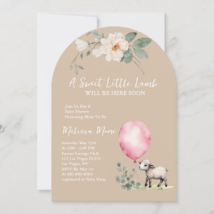 Invitation Baby shower doux petit agneau rose ballon