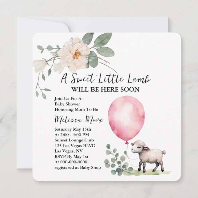 Invitation Baby shower doux petit agneau rose ballon (Devant)