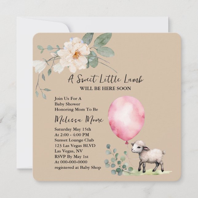 Invitation Baby shower doux petit agneau rose ballon (Devant)