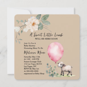 Invitation Baby shower doux petit agneau rose ballon