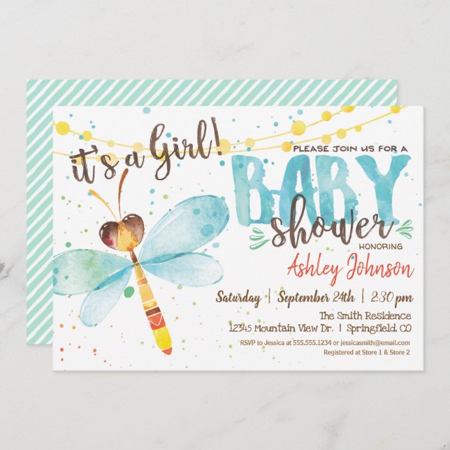 Invitation Baby shower dragonfly, Girl (Devant / Derrière)