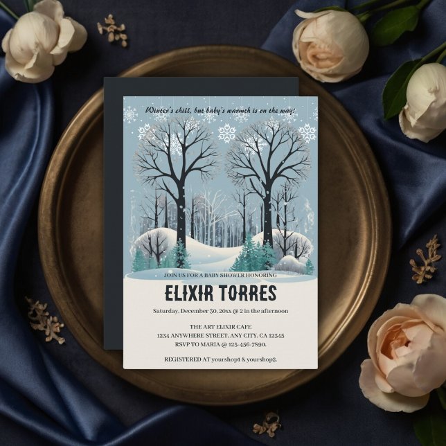 Invitation Baby shower Dreamwood Winter Forest Snowflakes (Créateur téléchargé)