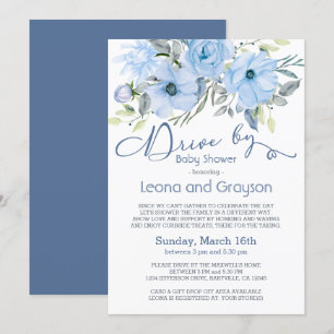 Invitation Baby Shower Drive By Bleu Poussiéreux Floral Aquar