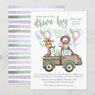 Invitation Baby shower Drive By Safari Truck and Cute Animaux