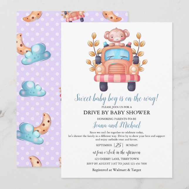 Invitation Baby Shower Drive Through pour Garçon Singe Mignon (Devant / Derrière)