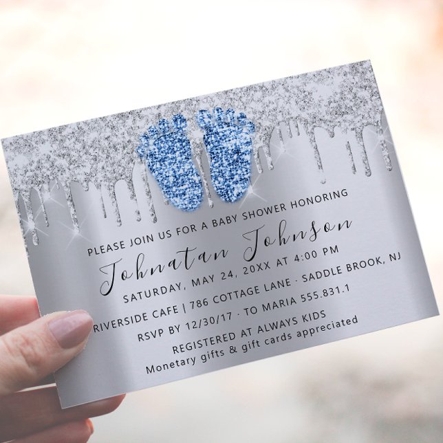 Invitation Baby shower Drives Parties scintillant Pieds Bleus (Baby Shower Drips Glitter Blue Feet Gray Boy Girl Invitation)