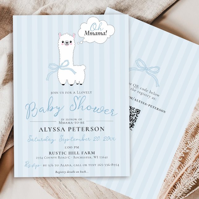 Invitation Baby Shower Drôle Oh Maman Lama Garçon Bleu Mignon (Cute Oh Mmama Llama funny farm animal blue bow stripes baby boy QR code modern shower invitation )