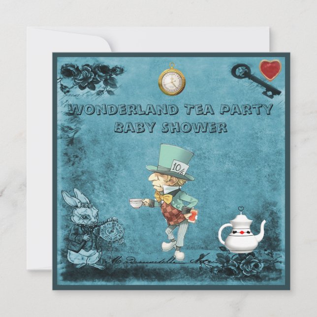 Invitation Baby shower du Blue Mad Hatter Wonderland Tea Part (Devant)