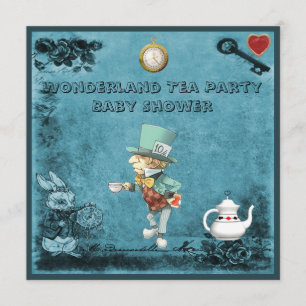 Invitation Baby shower du Blue Mad Hatter Wonderland Tea Part