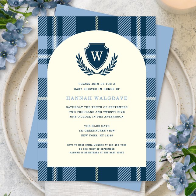Invitation Baby shower du garçon de Monogramme bleu marine (Créateur téléchargé)