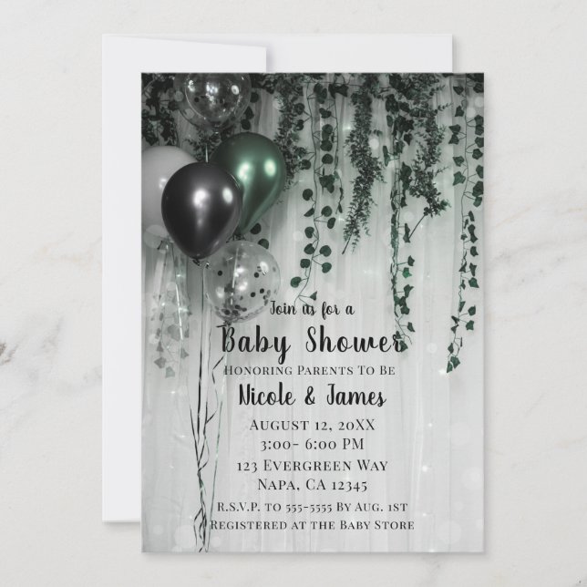 Invitation Baby shower du Green Black Balloons Ivy Jungle Par (Devant)