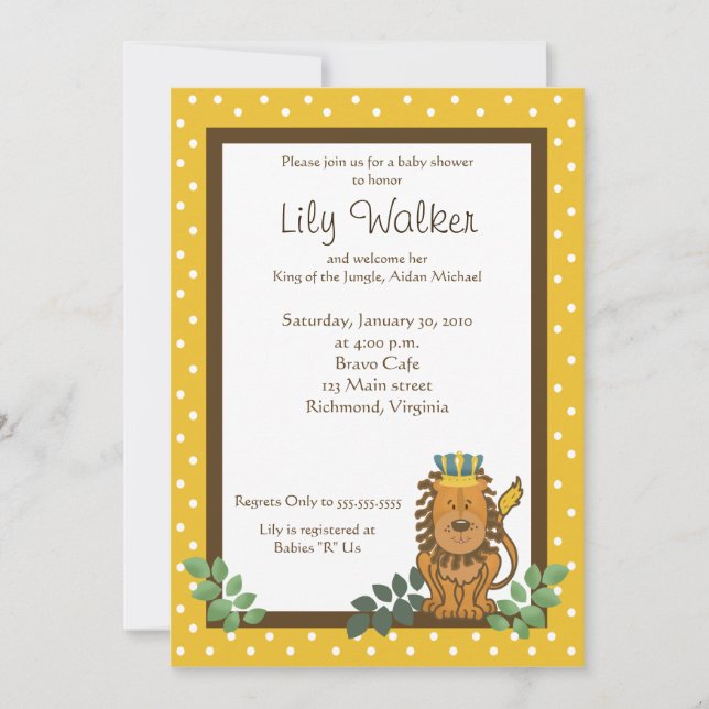 Invitation Baby shower du Lion Roi de la Jungle 5x7 Invitatio (Devant)