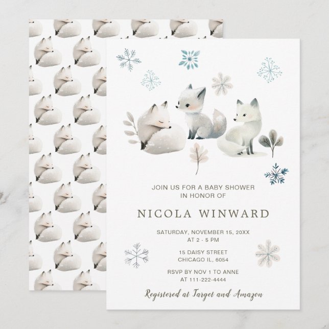 Invitation Baby shower du loup arctique d'hiver (Devant / Derrière)