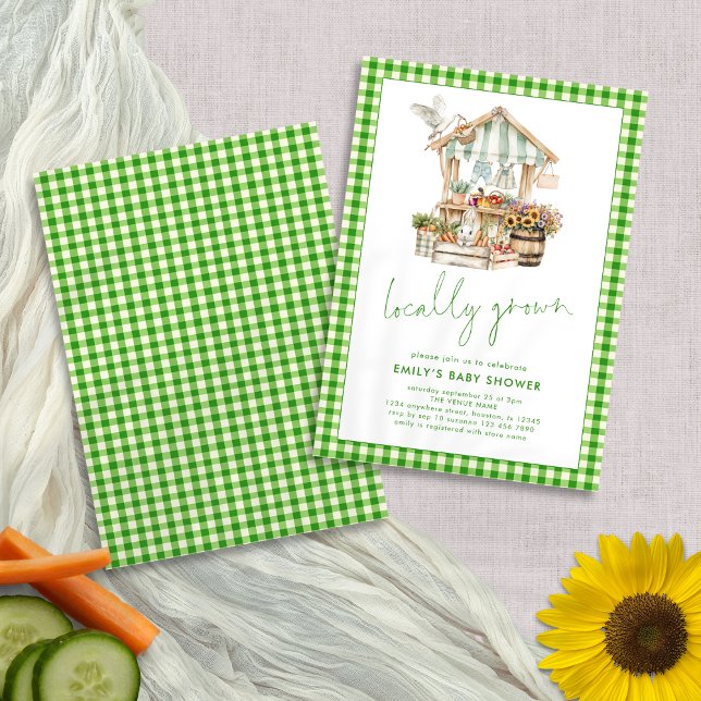 Invitation Baby shower du marché vert En vichy cultivé locale (Front and back view)