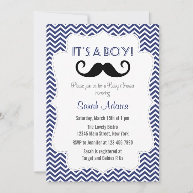 Invitation Baby shower du parti Mustache bleu mari (Devant)