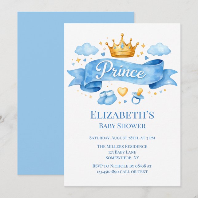 Invitation Baby Shower du Petit Prince à l'aquarelle (Devant / Derrière)