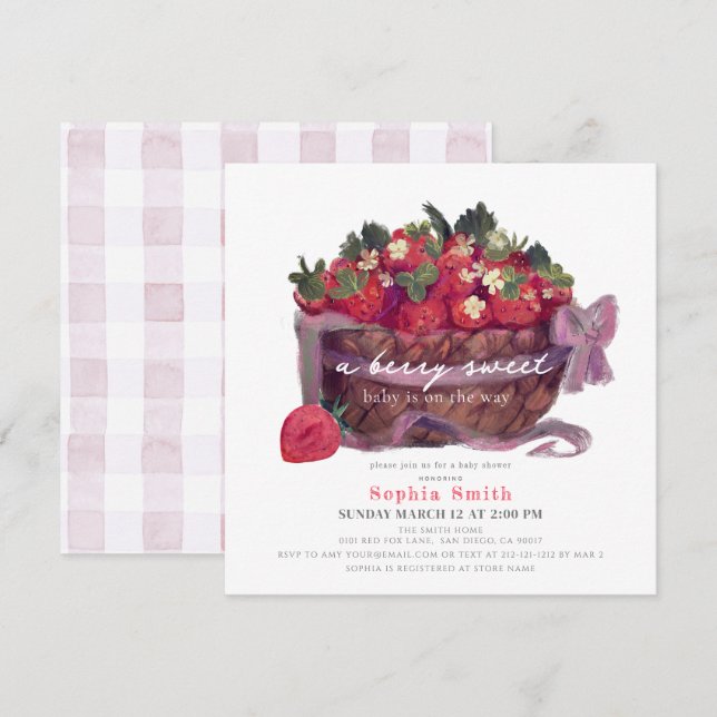 Invitation Baby shower du premier panier de fraises Berry (Devant / Derrière)