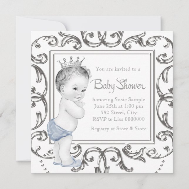 Invitation Baby-shower du Prince Bleu Élégant (Devant)