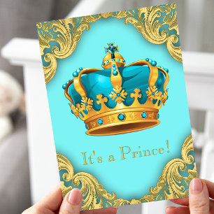 Invitation Baby Shower du Prince Bleu Turquoise et Or