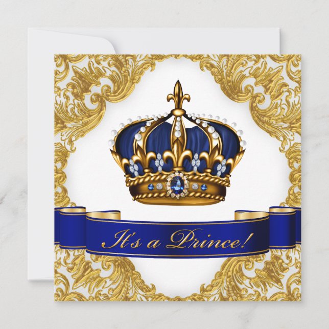 Invitation Baby Shower du Prince Couronne Bleu Royal et Or (Devant)