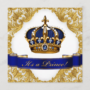Invitation Baby Shower du Prince Couronne Bleu Royal et Or