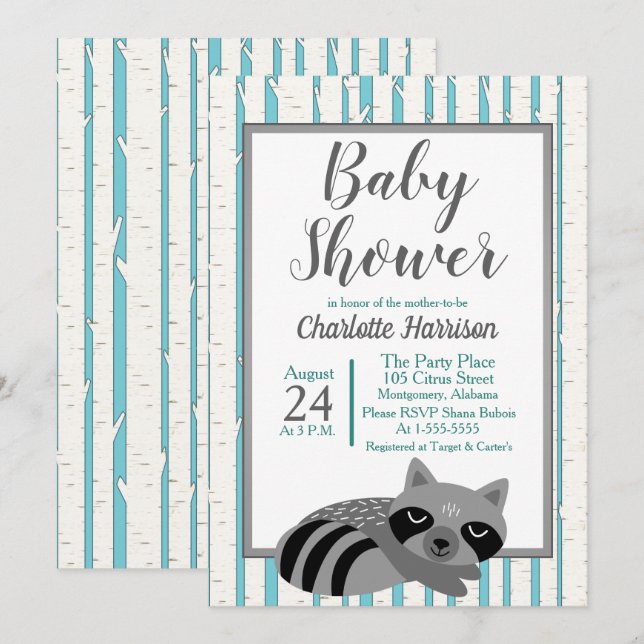 Invitation Baby shower du raton laveur et des bouleaux (Devant / Derrière)
