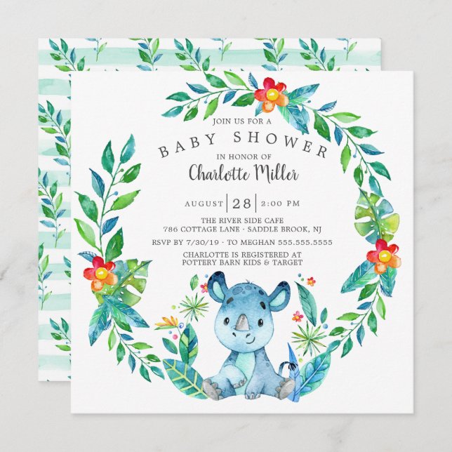 Invitation Baby shower du Rhino de la Jungle (Devant / Derrière)