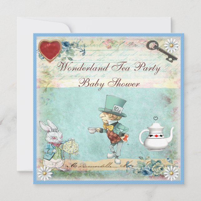 Invitation Baby shower du Tea Party de Mad Hatter Wonderland (Devant)