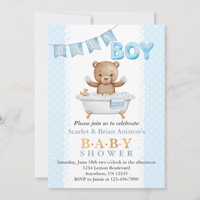 Invitation Baby shower du temps de bain de l'ours en peluche (Devant)