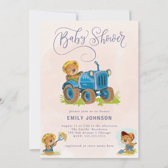 Invitation Baby shower du tracteur de l'ours en pe (Devant)