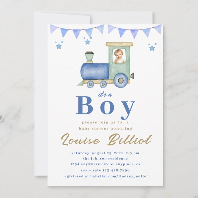 Invitation Baby shower du train Watercolor (Devant)