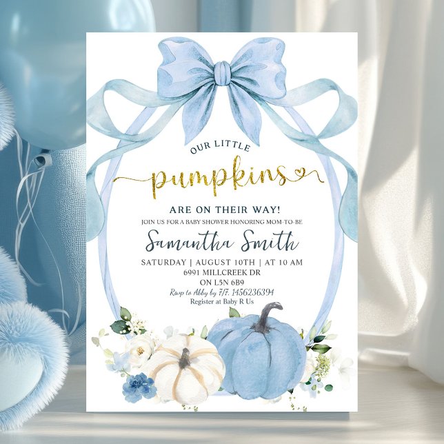 Invitation Baby shower Dusty Blue Coquette Citrouille Twins (Créateur téléchargé)