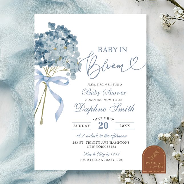 Invitation Baby shower Dusty Blue Hydrangea (Créateur téléchargé)