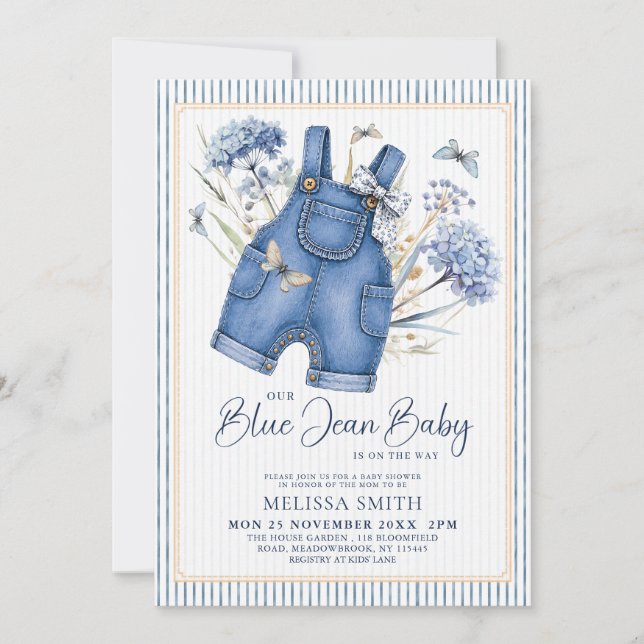 Invitation Baby Shower Dusty Blue Hydrangea Bébé en Jean Bleu (Devant)