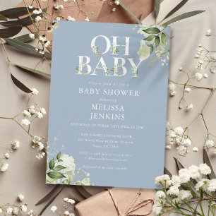 Invitation Baby-Shower Dusty Blue Oh Baby Botanique