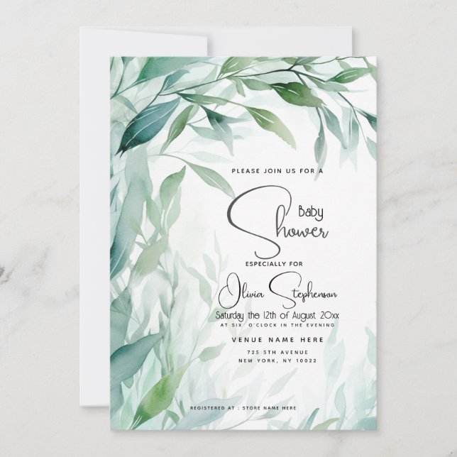 Invitation Baby shower - Dusty Blue Willow Feuilles (Devant)