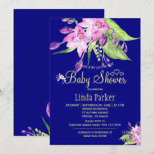 Invitation Baby shower eau florale aquarelle été prune marine