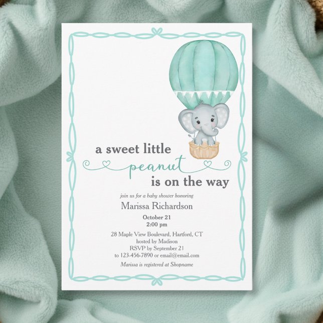 Invitation Baby shower écologique éléphant genre neutre (elegant sweet little peanut green elephant balloon gender neutral baby shower invitation card)