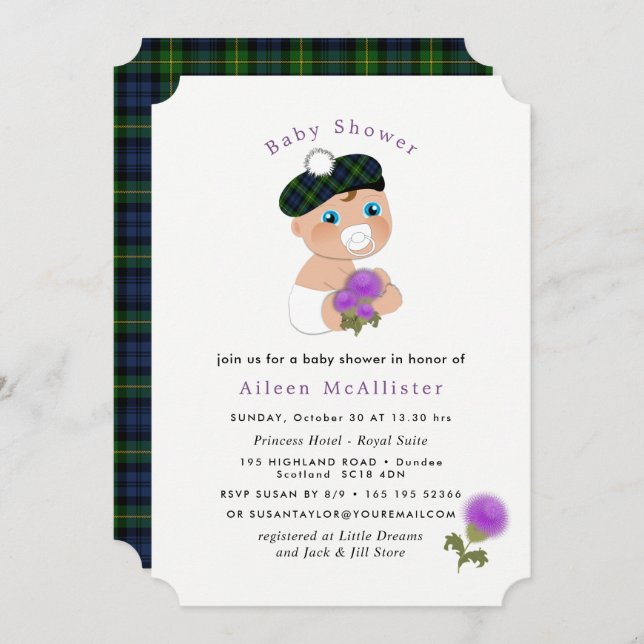 Invitation Baby shower écossais Tartan Thistle Flower Cute (Devant / Derrière)