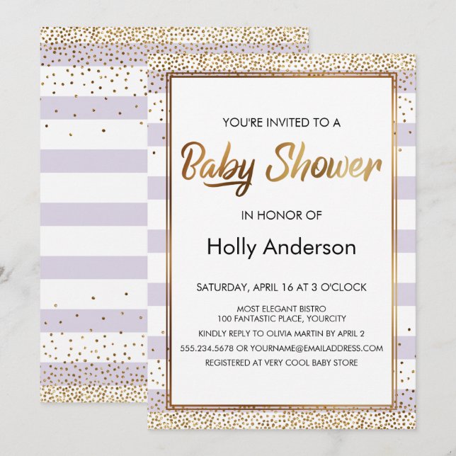 Invitation Baby Shower écriture Gold Confetti Rayures Lavande (Devant / Derrière)