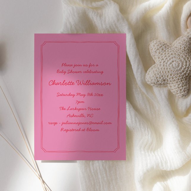 Invitation Baby Shower écriture manuscrite rose bordure rouge (Créateur téléchargé)