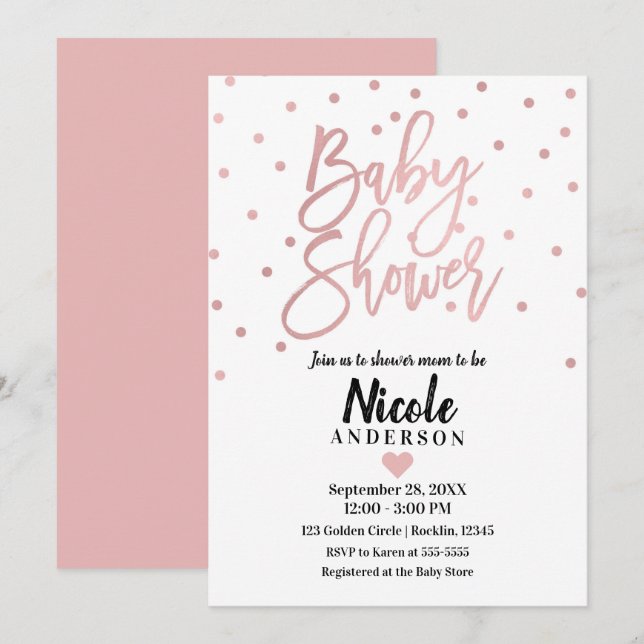 Invitation Baby Shower Écriture Moderne Rose Gold Rose Clair (Devant / Derrière)