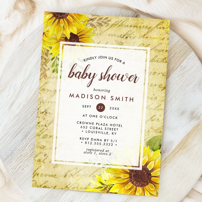 Invitation Baby Shower Écriture Tournesol Vintage (Créateur téléchargé)