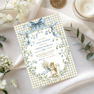 Invitation Baby Shower Ecureuil Gingham Sage Aquarelle