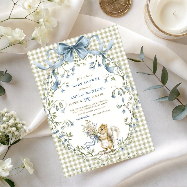 Invitation Baby Shower Ecureuil Gingham Sage Aquarelle (Créateur téléchargé)
