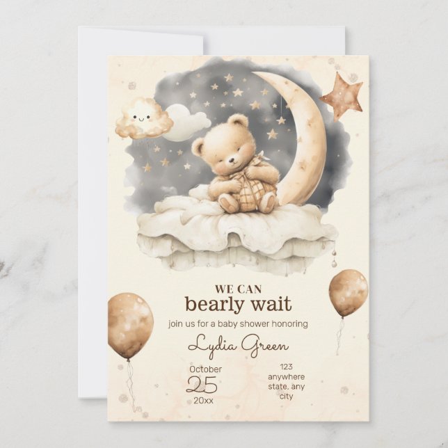 Invitation Baby shower Editable Teddy ours neutre (Devant)