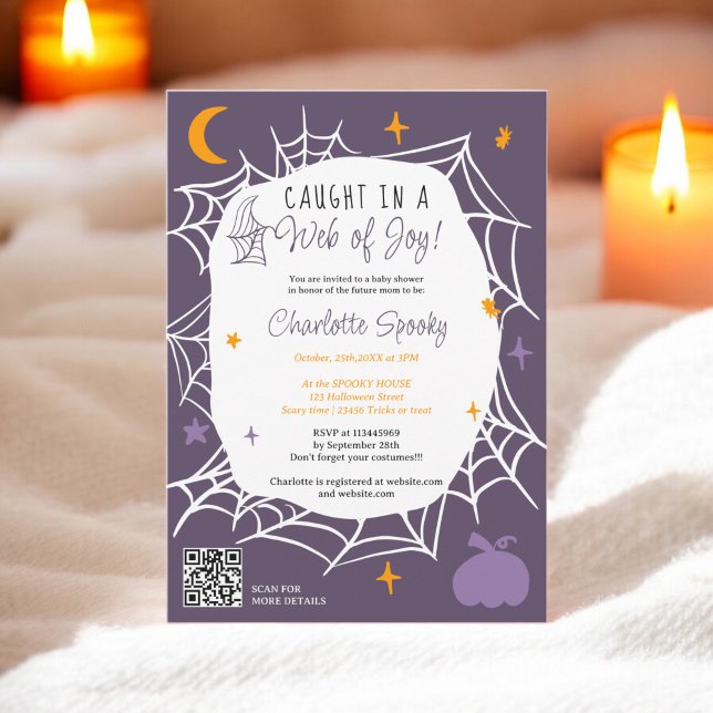 Invitation baby shower éffrayant Halloween Spider web violet (Spooky Halloween Spider web purple baby shower Invitation)