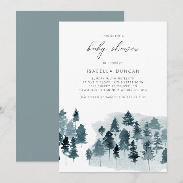 Invitation Baby shower EGRET Rustique Blue Winter Pine Tree (Devant / Derrière)
