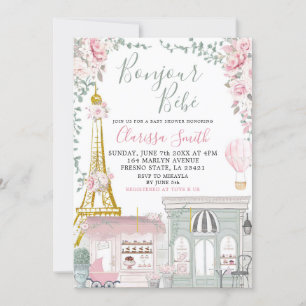 Invitation Baby shower Eiffel français rose et vert Eiffel