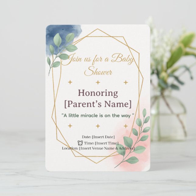 Invitation Baby shower Elegant Aquarelle avec Or (Debout devant)